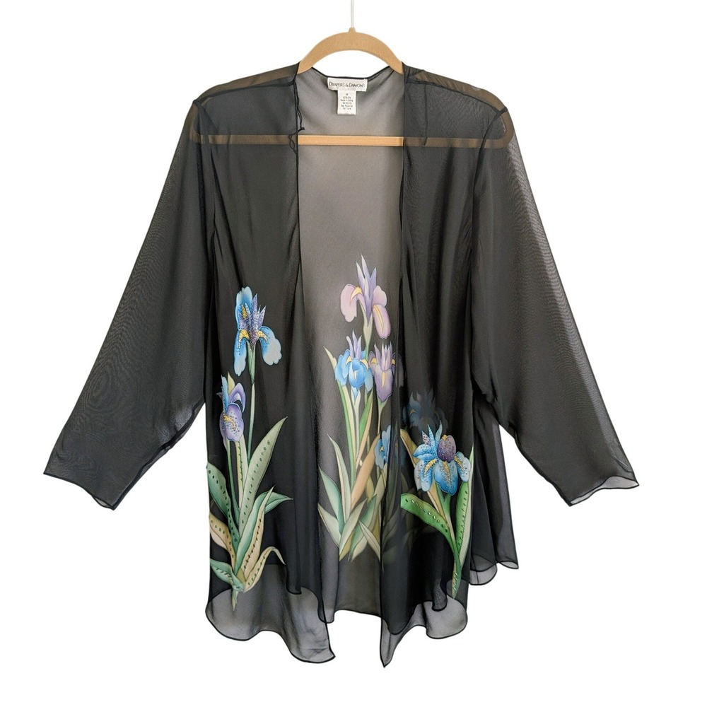 Vintage 90s Romantic Goth Iris Dark Floral Embellished Beaded Silk Duster Kimono